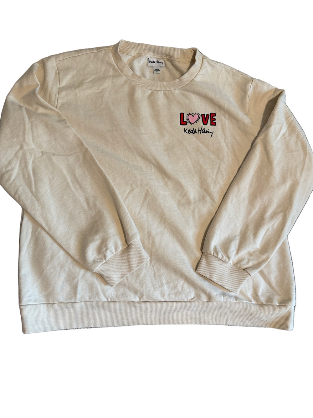 Keith Haring Cream 'LOVE' Heart Graphic Sweatshirt Crewneck Sz XL